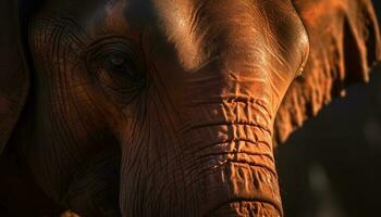 Wrinkled elephant trunk, tusk, and eye close up generated by AI photo