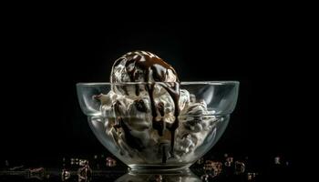 indulgente hecho en casa hielo crema helado con frutas y nueces con chocolate salsa generado por ai foto