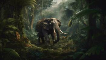 Elephant walking through wet tropical rainforest landscape generated by AI photo