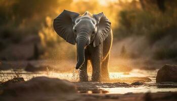 African elephant walking in the savannah sunset generated by AI photo