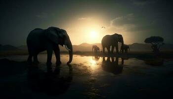 Sunlit African elephant herd at tranquil dusk generated by AI photo