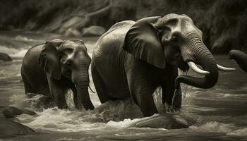 grande africano elefante manada salpicaduras en agua generado por ai foto