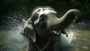 Smiling elephant splashing in wet African shower generated by AI photo