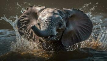 Large elephant splashing in wet water safari generated by AI photo