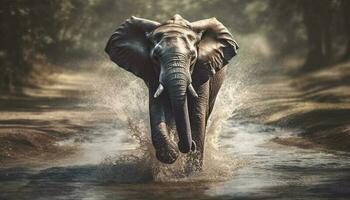 Large African elephant splashing in tranquil water generated by AI photo