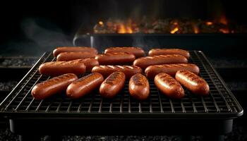 Char grilled steak and bratwurst, perfect summer meal generated by AI photo