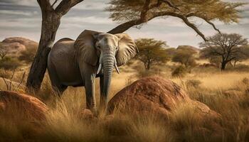 African elephant grazing in tranquil savannah landscape generated by AI photo