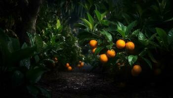 Fresh citrus fruit hanging from green tree branch generated by AI photo