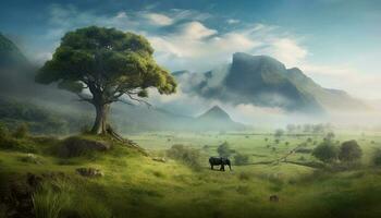 Sunrise over mountain range, cows grazing peacefully generated by AI photo