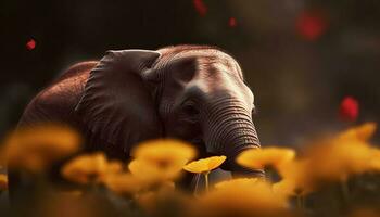 African elephant in tranquil forest, tusk and trunk generated by AI photo