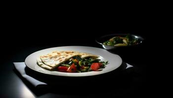 Fresh salad and grilled meat on crockery generated by AI photo