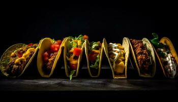 A la parrilla carne de vaca taco con Fresco guacamole y cilantro generado por ai foto