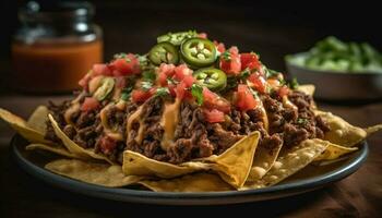 A la parrilla carne de vaca taco con hecho en casa guacamole y salsa generado por ai foto