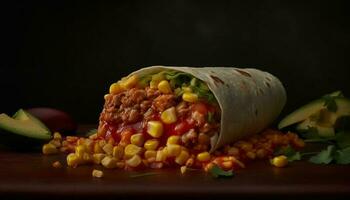 Grilled beef taco plate with fresh guacamole generated by AI photo