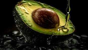 Ripe avocado slice, fresh drop of dew generated by AI photo