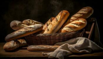 A rustic basket of freshly baked bread generated by AI photo