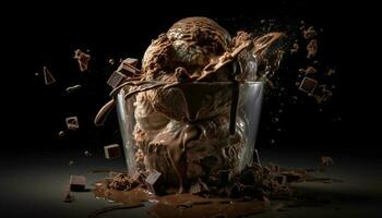 Dark chocolate falling, splashing, melting, indulgence in motion generated by AI photo