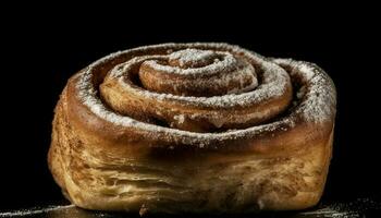 Freshly baked sweet bun, rolled up and homemade generated by AI photo