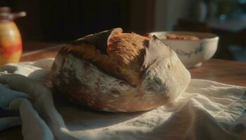 Freshly baked ciabatta and baguette on wooden table generated by AI photo