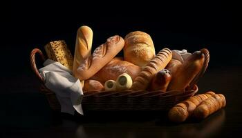 A rustic basket of fresh baked bread generated by AI photo