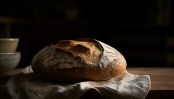 un rústico pan de pan, Fresco y hecho en casa generado por ai foto