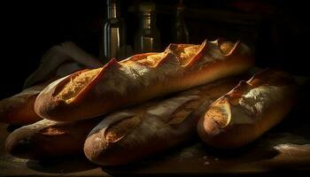 Freshly baked rustic ciabatta on wooden table generated by AI photo