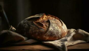 Freshly baked organic bread, a rustic meal generated by AI photo