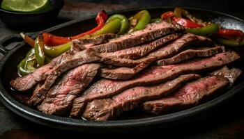 jugoso solomillo filete A la parrilla a perfección, Listo a comer generado por ai foto