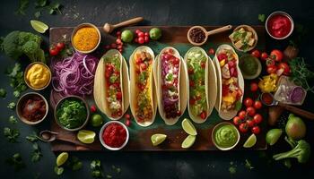 Healthy taco bowl with fresh vegetables and guacamole generated by AI photo