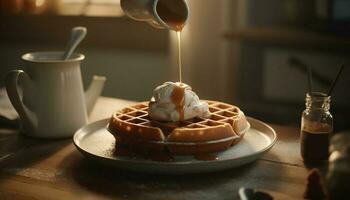 Freshly baked pancakes, drizzled with honey syrup generated by AI photo