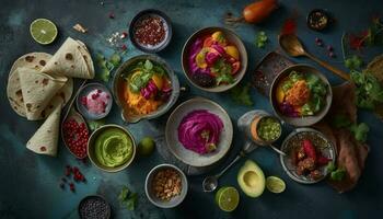 Fresh guacamole and salsa on rustic wood table generated by AI photo