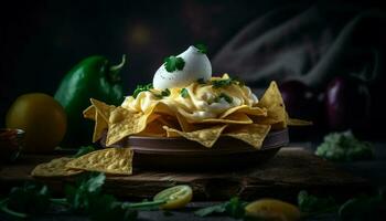 Fresh guacamole and salsa on rustic wood table generated by AI photo