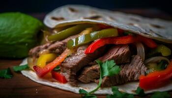 Grilled steak taco with fresh guacamole and cilantro generated by AI photo