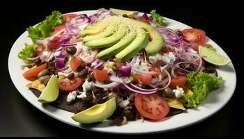 Fresh gourmet salad with healthy vegetables and avocado generated by AI photo