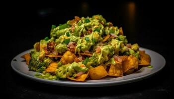 Grilled beef taco with fresh guacamole appetizer generated by AI photo