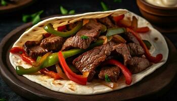 Grilled steak sandwich with fresh vegetables and guacamole generated by AI photo