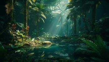 A tranquil scene in the tropical rainforest generated by AI photo