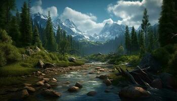 Majestic mountain range reflects tranquil beauty in nature generated by AI photo