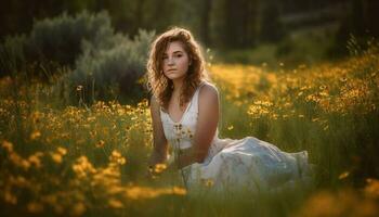 sonriente mujer disfruta naturaleza belleza en verano prado generado por ai foto