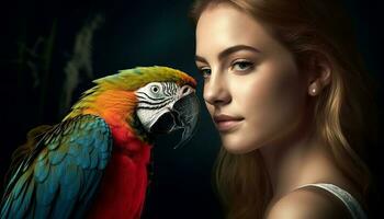 A beautiful woman and her colorful macaw generated by AI photo