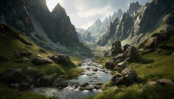 Majestic mountain range, tranquil meadow, flowing water generated by AI photo