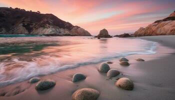 Tranquil seascape at dusk, waves crash on rocks generated by AI photo