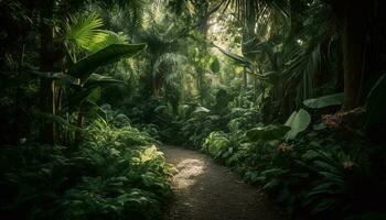 Tranquil tropical rainforest landscape, a nature adventure generated by AI photo
