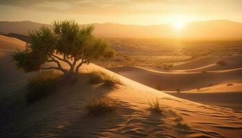 Tranquil sunrise over rippled sand dunes in Africa generated by AI photo
