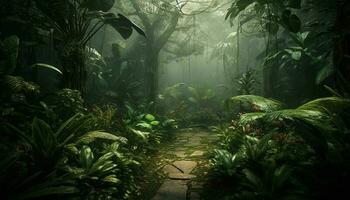 Spooky fog shrouds tropical rainforest mystery path generated by AI photo