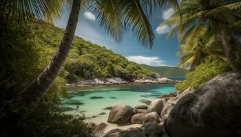 Idyllic palm tree coastline, a tropical paradise generated by AI photo