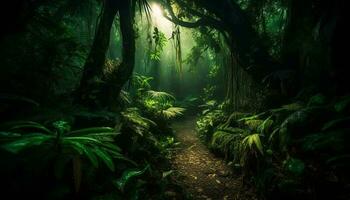 A mysterious footpath winds through the dark forest generated by AI photo