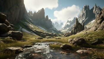 Majestic mountain range, tranquil meadow, flowing water generated by AI photo