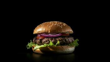 A la parrilla carne de vaca hamburguesa con queso, tomate, y cebolla generado por ai foto