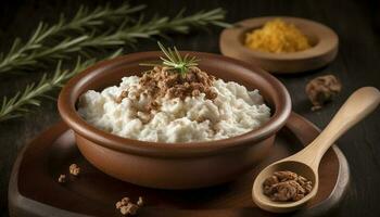 orgánico vegetariano almuerzo cocido con Fresco ingredientes generado por ai foto